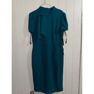 Maggy London Women Teal Blue Tie Neck Puff Sleeve Sheath Midi Dress NWT size 12